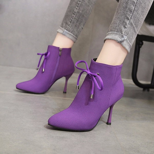 Women Boots Corduroy Butterfly-knot Boots High Heels Party Shoes Winter plus velvet Keep Warm Female Boots